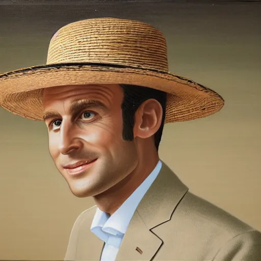 Prompt: a portrait of emmanuel macron wearing a straw hat in a scenic environment, traditional japanese art