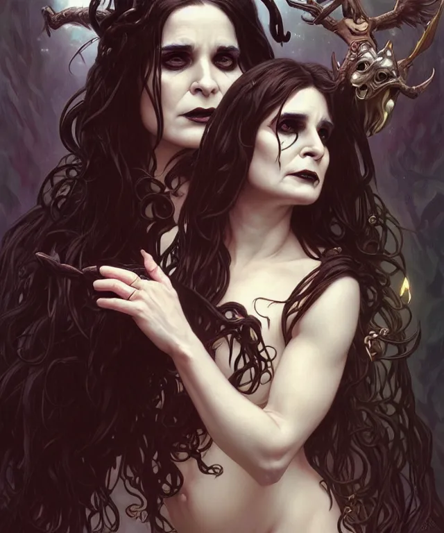 Image similar to ozzy osborne as a gothic female fantasy satyr, portrait, fantasy, intricate, elegant, highly detailed, digital painting, artstation, concept art, smooth, sharp focus, illustration, art by artgerm and greg rutkowski and alphonse mucha