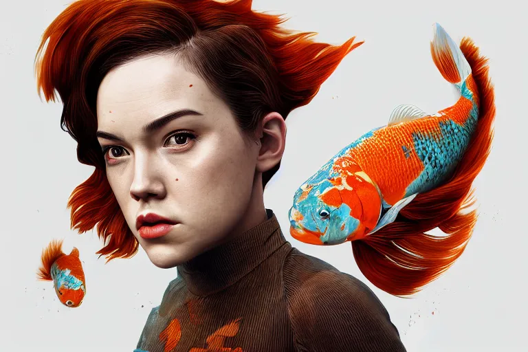 Prompt: koi fish circling the head of daisy ridley, lighting, concept art, intricate, hyper detailed, smooth, octane, raytrace, cinematic, high quality, high resolution, 4 k