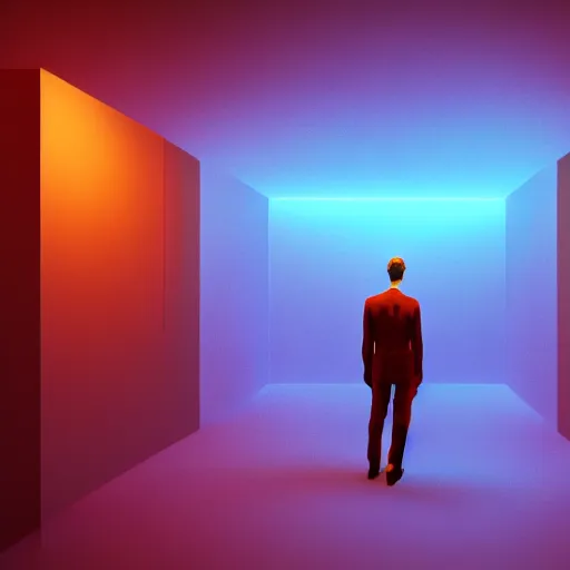 Prompt: A surreal piece of art depicting a man who doesn't know where he is, complex room structure, ray-traced lighting, colours leaking, implosion, dreamy