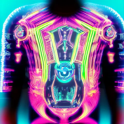 Image similar to photo of a black tshirt with a hyperdetailed portrait of a futuristic trippy cyberpunk dancing robot, 8 k, symetrical, flourescent colors, multicolored tshirt art,