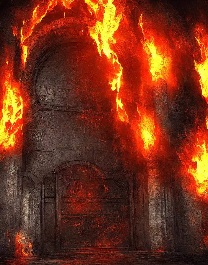 Prompt: Gates of hell by paul chadeison, concept art, ultra realistic, super detailed, photorealistic,fire, smoke, cinematographic, epic lighting, religious