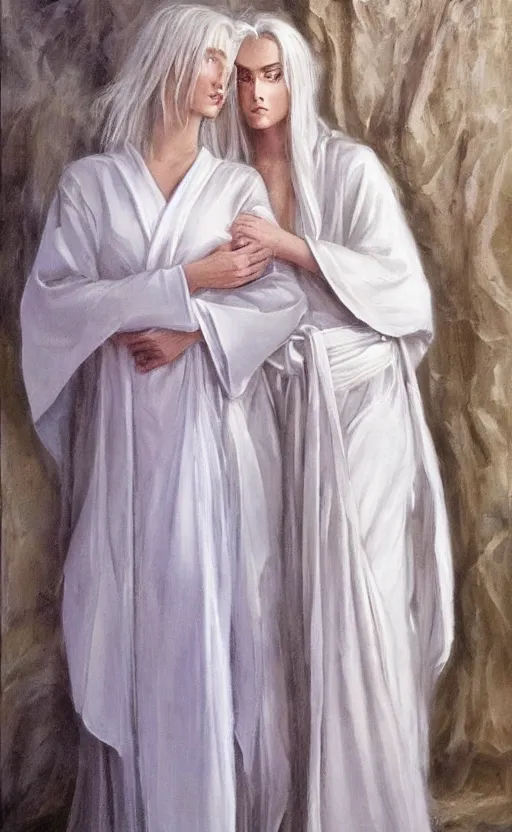 Image similar to angelic beauty with silver hair so pale and wan! and thin!?, flowing robes, covered in robes, lone pale wan fair angel, wearing robes of silver, flowing, pale skin, young cute face, covered!!, clothed!! style of lucien levy - dhurmer and jean deville, oil on canvas, 4 k resolution, aesthetic!, mystery