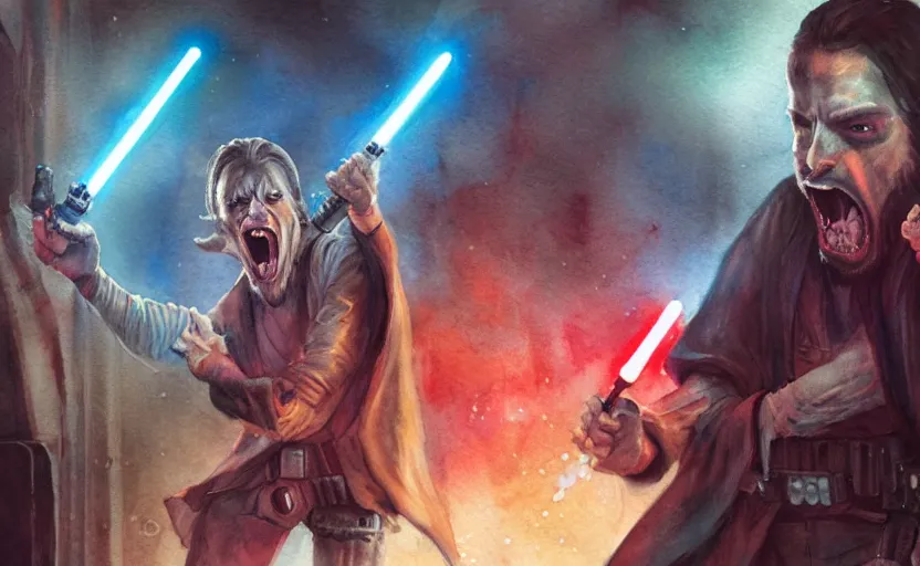 Image similar to an accurate realistic star wars watercolor fantasy concept art of a drug dealer that looks like chris d'elia screaming in a sleazy futuristic bar of coruscant, hq, 4 k