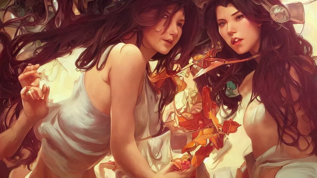 Image similar to eating by an alien digital artwork by artgerm and wlop and alex ross and alphonse mucha, trending on artstation