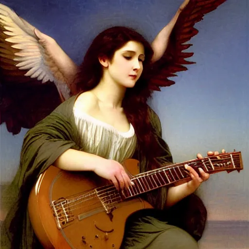 Prompt: an oil painting of a flying angel playing an electric guitar, by Bouguereau, highly detailed and intricate,