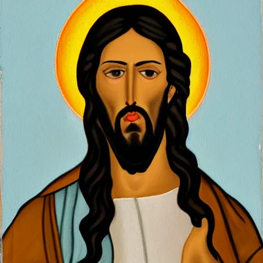 Prompt: painting of jesus depicted as an attractive man with long black hair and a black beard, he is wearing a white shirt