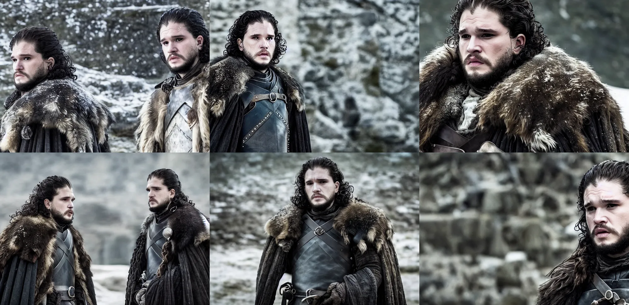 Prompt: kit harington with a long beard on game of thrones, promotional image, tv still frame