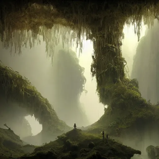 Image similar to photo an overgrown deep underground cave on another world embellished with a lush overgrown jungle of beautiful ancient alien trees, alien elvish cave village, scattered complex ancient monoliths emitting cosmic astral energy, nebula fog and cosmic mist, 4 k rtx hdr volume light concept studio matte painting environment octane, ue 5, photorealistic render trending on artstation by eytan zana