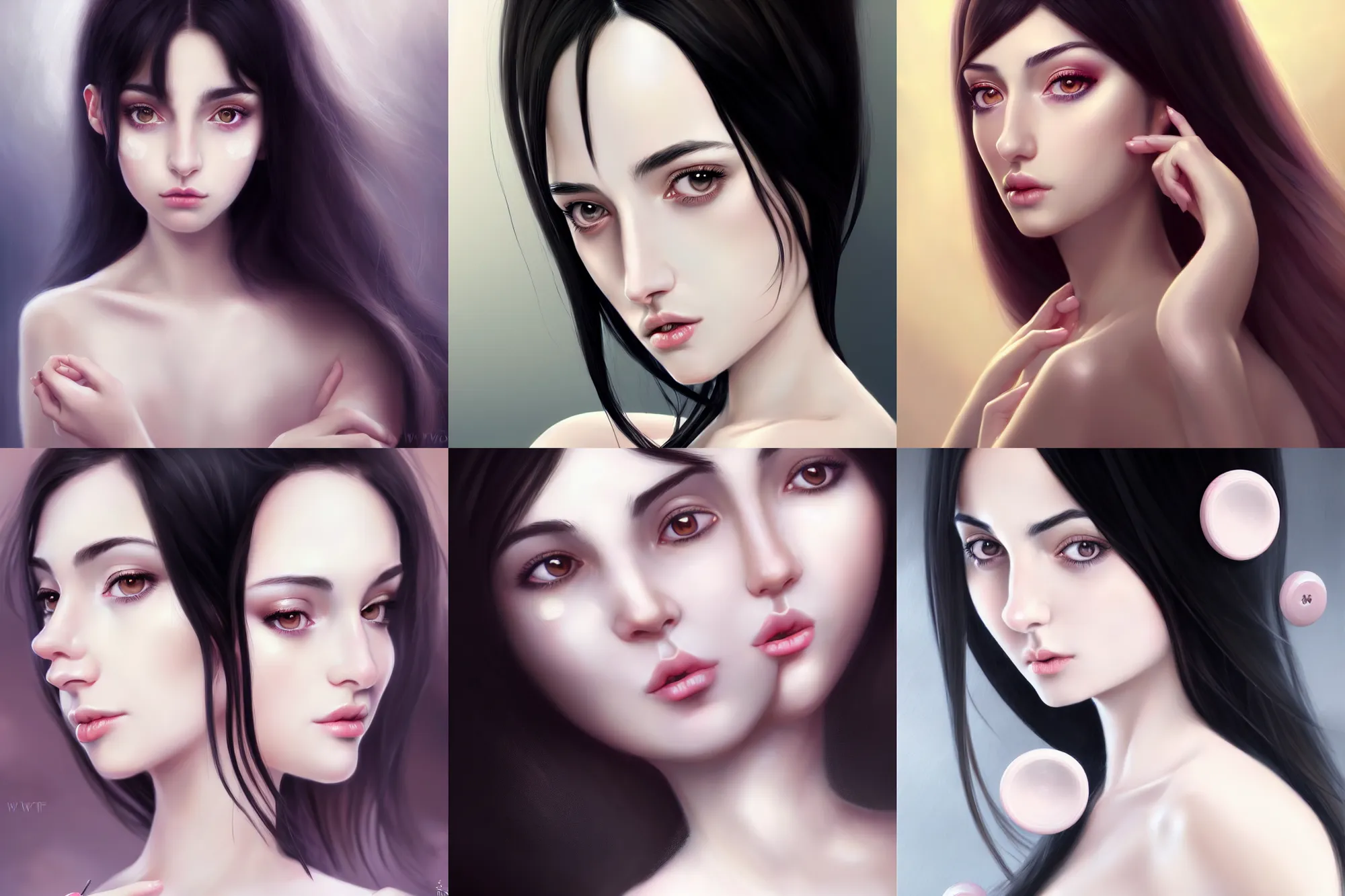 Prompt: portrait of a beautiful elgant young turkish adult with a heart shaped face, pale ivory skin, downturned hazel eyes, button nose, thin light pink lips, natural straight black eyebrows, long thin black hair, intricate facial features, anime, fantasy, digital painting, trending on artstation, deviant art, by wlop