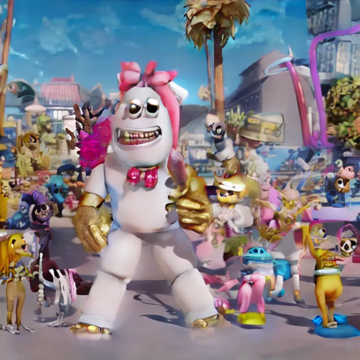Prompt: jeff koons hip hop bauhaus style street sharks sailor moon wearing diamond grillz and a ton of bussdown iced gold bling in wallace & gromit strata - cut claymation, ultra realistic, concept art, intricate details, serious, highly detailed, photorealistic, octane render, 8 k, unreal engine, art by greg rutkowski