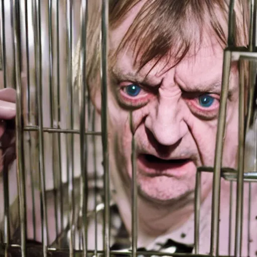 Image similar to mark e smith in a cage at the pet store, he is for sale, 4 k