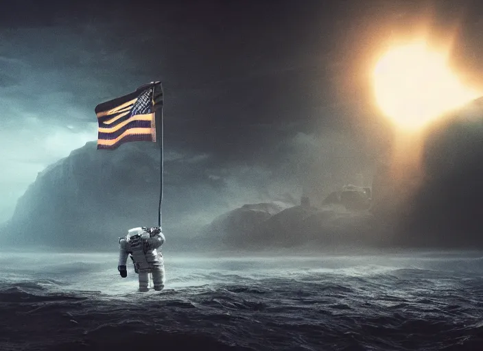 Image similar to astronaut holding a flag in an underwater desert. a submarine is visible in the distance. dark, concept art, cinematic, dramatic, atmospheric, 8 k, trending on artstation, blue, fish, low visibility, light rays, extremely coherent, fog, ocean floor, christopher nolan, interstellar