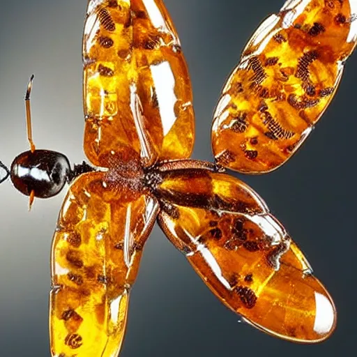Prompt: insects completely encased in fossilized amber