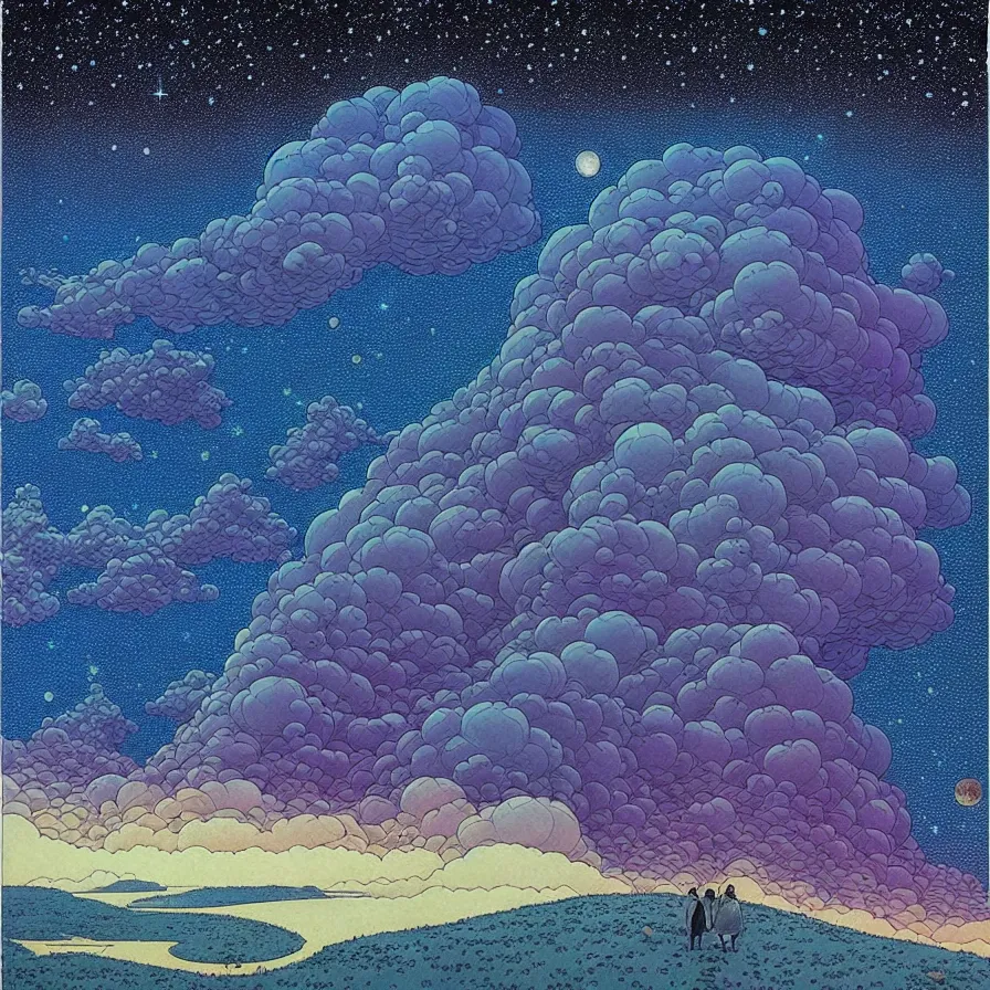 Image similar to ( ( ( ( beautiful starry sky and cloud and forest ) ) ) ) ) by mœbius!!!!!!!!!!!!!!!!!!!!!!!!!!!, overdetailed art, colorful, record jacket