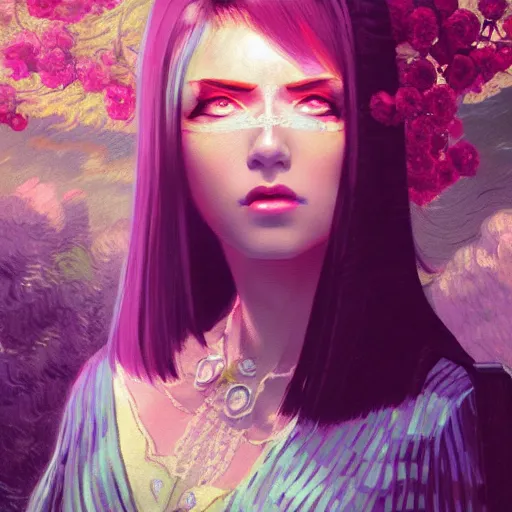 Prompt: feminine nicolas cage in seductive clothing by ross tran, walking in a castle painted by sana takeda, rtx reflections, very high intricate details, painting by van gogh, digital anime art, medium shot, mid - shot, composition by ilya kuvshinov, lighting by greg rutkowski