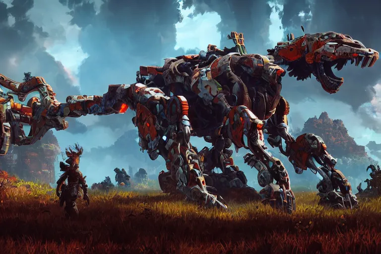 Image similar to thunderjaw machine mecha animal beast robot of horizon forbidden west horizon zero dawn bioluminiscence global illumination ray tracing hdr fanart arstation by sung choi and eric pfeiffer and gabriel garza and casper konefal