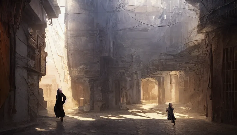 Image similar to old jeddah city alley, roshan, shops, a big magical glowing time portal, a nomad wearing a worn out coat, plants, kids, dramatic lighting fantasy, sci fi, by caspar david friedrich by beeple and james gilleard and justin gerard, centered, artstation, smooth, sharp focus, photoreal octane render, 3 d, by jean baptiste monge