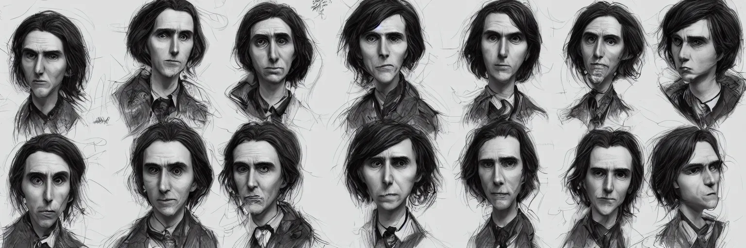 Image similar to character study of paul dano and tim burton, clear faces, emotional, character sheet, fine details, concept design, contrast, kim jung gi, pixar and da vinci, trending on artstation, 8 k, full body and head, turnaround, front view, back view, ultra wide angle