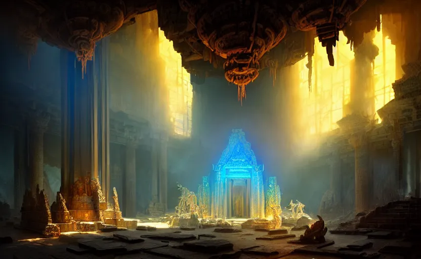 Image similar to The interior of an mytical and ancient temple dragons, in ruins, fire light, a ray of blue light, intricate, elegant, volumetric lighting, digital painting, highly detailed, artstation, sharp focus, illustration, concept art, ruan jia, steve mccurry