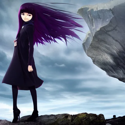 Image similar to 1 7 - year - old pale - skinned persian girl with black long bob cut, black gothic jacket, purple eyes, psychic girl, standing on cliff along the irish coast, overcast gray skies, anime, anime hd, octane render