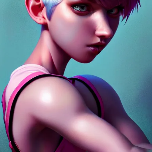 Image similar to full body pose, pixar, beautiful androgynous girl, pink pixie cut hair, torn overalls, short shorts, combat boots, fishnets, beautiful, highly detailed face, true anatomy!, extremely detailed!, digital painting, unreal engine 5, art by tom bagshaw