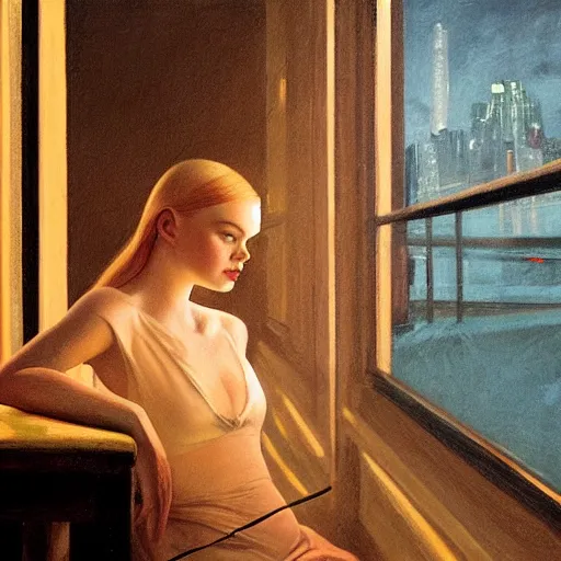 Prompt: portrait of Elle Fanning stalking her prey at night in the world of Edward Hopper, stormy weather, extremely detailed masterpiece, oil on canvas, low-key neon lighting, artstation, Blade Runner 2049, Roger Deakin’s cinematography, by J. C. Leyendecker and Peter Paul Rubens,
