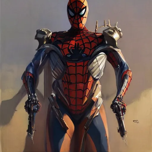 Prompt: greg manchess portrait painting of partially armored spiderman with exo - skeleton as overwatch character, medium shot, asymmetrical, profile picture, organic painting, sunny day, matte painting, bold shapes, hard edges, street art, trending on artstation, by huang guangjian, gil elvgren, ruan jia, greg rutkowski, gaston bussiere