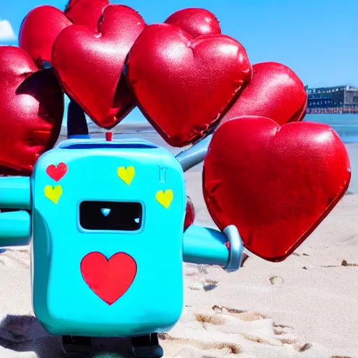 Image similar to a very cute happy robot with lots of hearts floating in the air on the beach in a sunny seaport