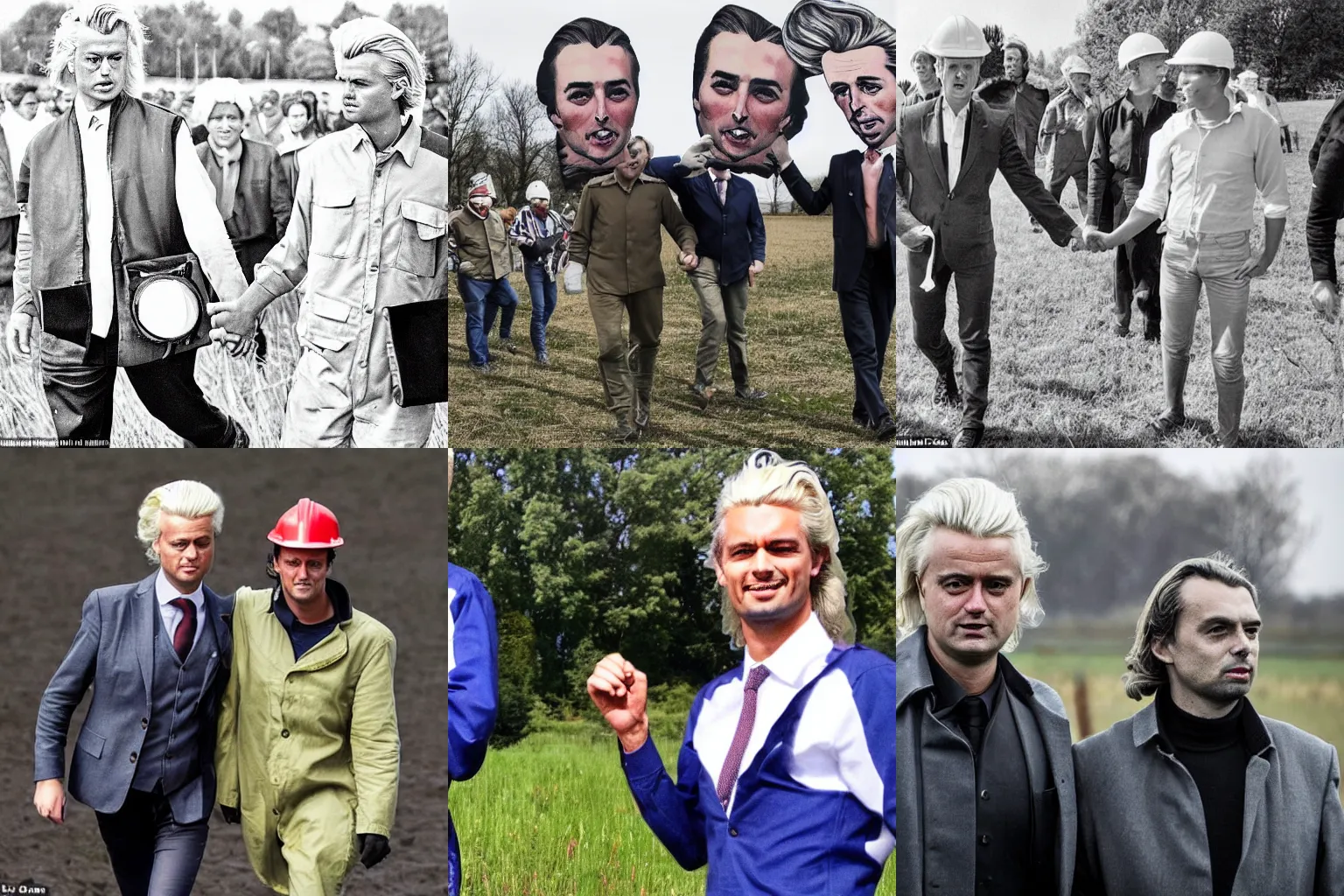 Prompt: Geert Wilders and Thierry Baudet dressed as factory workers, holding hands in a field in the style of stylized Soviet propaganda