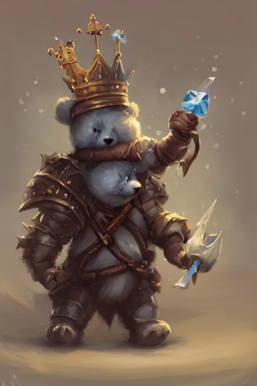 Image similar to cute little anthropomorphic bear knight wearing a cape and a crown, tiny, small, miniature bear, baby animal, short, pale blue armor, cute and adorable, pretty, beautiful, DnD character art portrait, matte fantasy painting, DeviantArt Artstation, by Jason Felix by Steve Argyle by Tyler Jacobson by Peter Mohrbacher, cinematic lighting