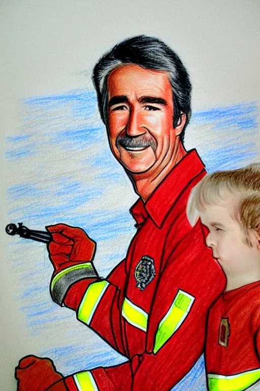 Image similar to a drawing of randy mantooth as a fire fighter by a child, bright colours, detailed