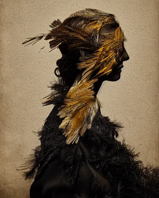 Image similar to a woman's face in profile, made of bird feathers, in the style of the dutch masters and gregory crewdson, dark and moody