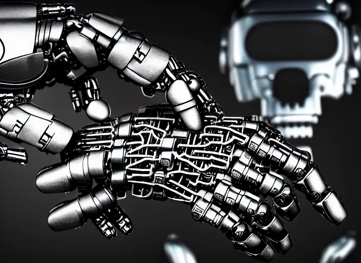 Image similar to mechanical terminator hand holding a bitcoin between two fingers. centered. horror cyberpunk dystopia style. highly detailed 8 k. intricate. nikon d 8 5 0 3 5 mm. award winning photography.