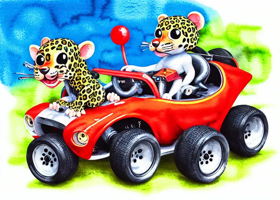 Image similar to cute and funny, baby leopard riding in a tiny go kart with oversized engine, ratfink style by ed roth, centered award winning watercolor pen illustration, isometric illustration by chihiro iwasaki, edited by range murata, tiny details by artgerm and watercolor girl, symmetrically isometrically centered