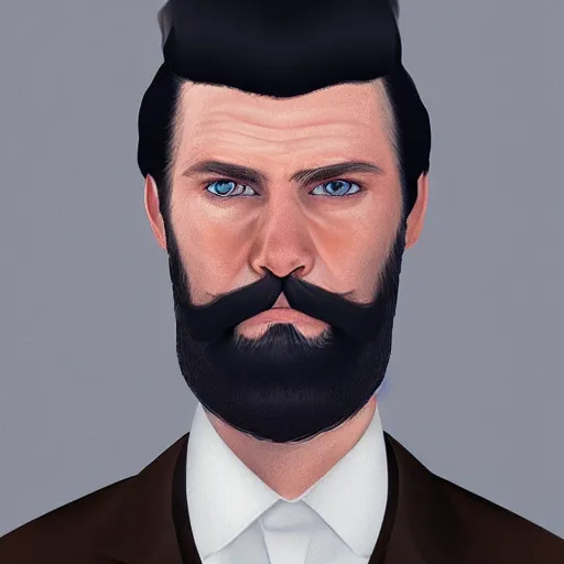 Image similar to a highly detailed portrait of a man, with a brown beard and hair, blue eyes, wearing a tuxedo, photo, hyperrealism, digital art