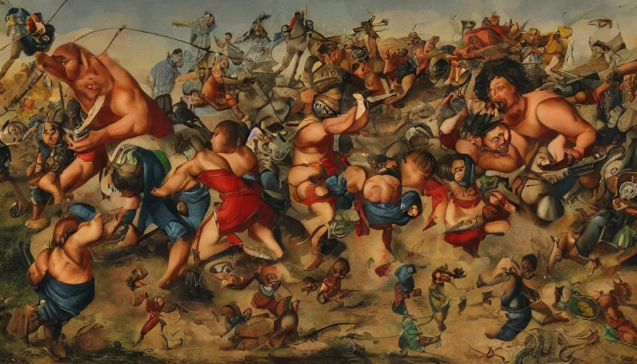 Prompt: giant man - babies battling, photograph, historic, detailed