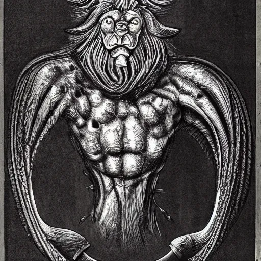 Image similar to a creature with the body and eyes of a man, with the beak of an eagle, the mane of a lion, and the horn of a bull. drawn by h. r. giger