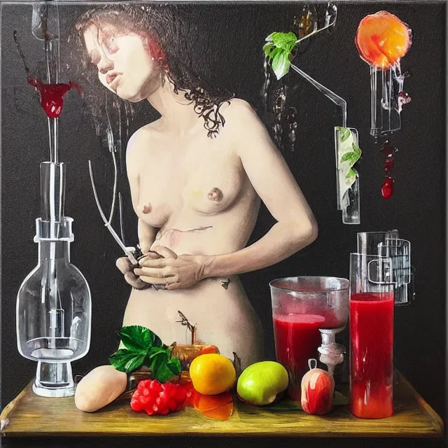 Prompt: “ sensual portrait in a female art student ’ s apartment, pork, fresh fruit, berries, plants in scientific glassware, art materials, candle wax, berry juice drips, neo - expressionism, surrealism, acrylic and spray paint and oilstick on canvas ”