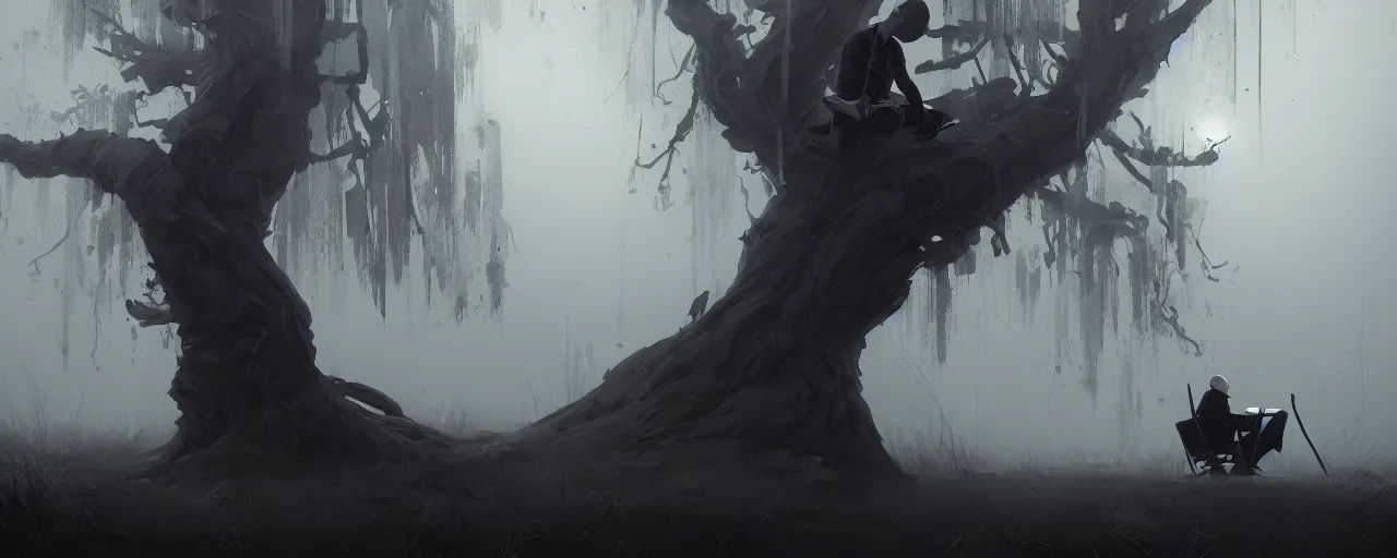 Image similar to duotone noir illustration close up of bald merchant demon sitting below willow tree in medieval brown tunic. foggy evening. dark dream atmosphere with volumetric hellish lighting, by sachin teng and sergey kolesov and ruan jia and heng z. graffiti art, scifi, fantasy, hyper detailed. octane render. concept art. trending on artstation