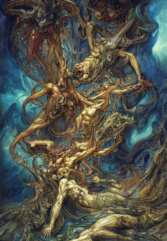 Image similar to colorful muscular eldritch demons radiating town fractal, by h. r. giger and esao andrews and maria sibylla merian eugene delacroix, gustave dore, thomas moran, pop art, chiaroscuro, biopunk, art nouveau