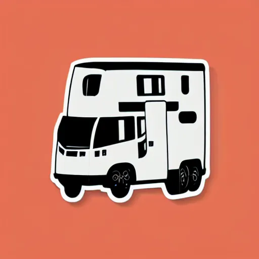 Image similar to minimal vector art sticker of a white and black cute thor chateau! motorhome camper!!, mountains, colorful sunset!!, dramatic, warm happy colors, thick lines, very minimal vector art, sticker!! by tom whalen