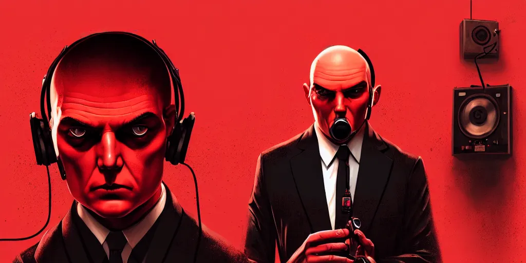 Prompt: an expressive portrait of agent 4 7 from hitman wearing headphones and holding a handgun in front of a wall of vinyl records, head being lit by red rim light, digital art, artstation, art by giger stalenhag