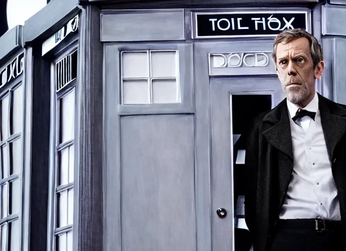 Prompt: film still of hugh laurie as doctor who inside the tardis cockpit in the new doctor who series, 4 k