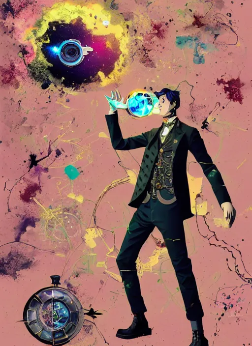 Image similar to arrogant elegant man travels through time via steampunk portals, pixiv fanbox, dramatic lighting, maximalist pastel color palette, splatter paint, pixar and disney exploded - view drawing, graphic novel by fiona staples and dustin nguyen, peter elson, alan bean, wangechi mutu, clean cel shaded vector art, trending on artstation