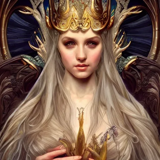 Image similar to a oil painting of a elven queen, cute, fantasy, intricate, elegant, highly detailed, centered, digital painting, artstation, concept art, smooth, sharp focus, illustration, art by artgerm and h r giger and alphonse mucha