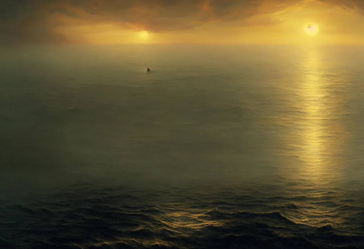 Image similar to strange sea surface of autumn planet at sunset, sailing ship on horizon, ultra high definition, ultra detailed, symmetry, fog, matte painting, by greg rutkowski and ross tran and wlop