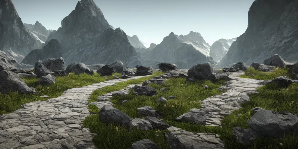 Image similar to pathway between mountains, rocks unreal engine render