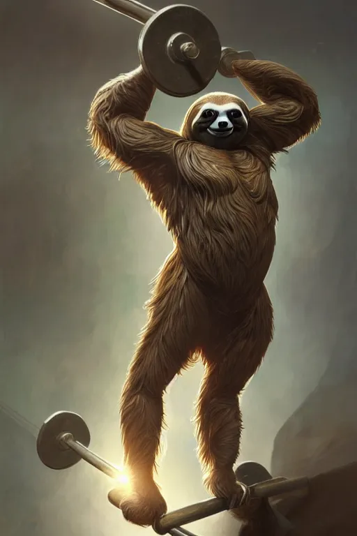 Image similar to anthro sloth lifting weights, dim dingy gym, dynamic pose, fantasy, intricate, elegant, highly detailed, digital painting, artstation, concept art, matte, sharp focus, illustration, art by artgerm and greg rutkowski and alphonse mucha