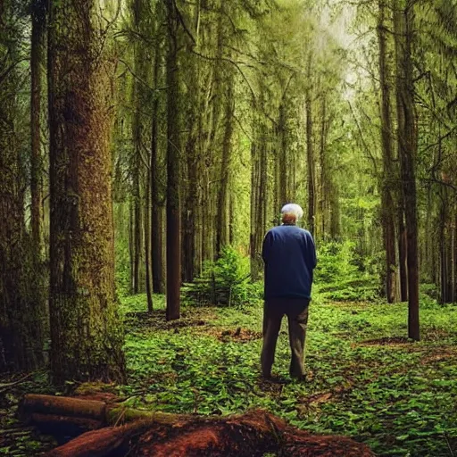 Image similar to an old man looking to sea from forest, animals in forest